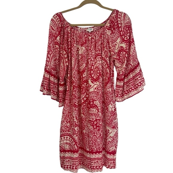 Umgee Women's SZ M Off Shoulder Bell Sleeve Red Paisley Boho Cottage Cowgirl - Picture 3 of 11
